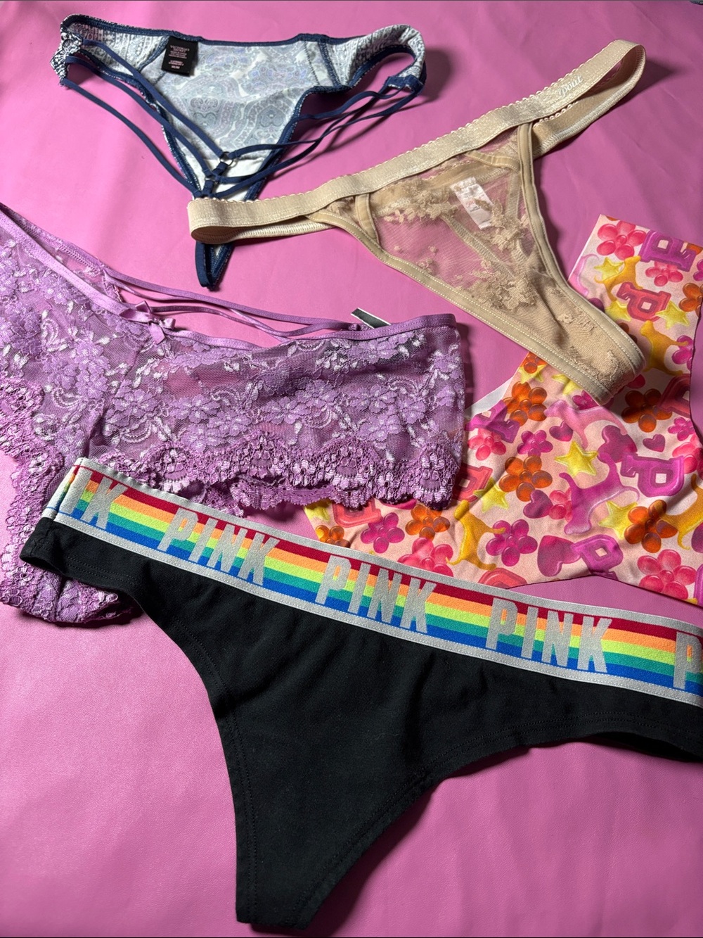 PINK Victoria's Secret Black Thong with Rainbow Logo Elastic Waistband